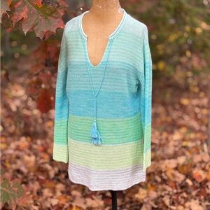 Elegant Cashmere V-Neck Sweater in Blue and Green
